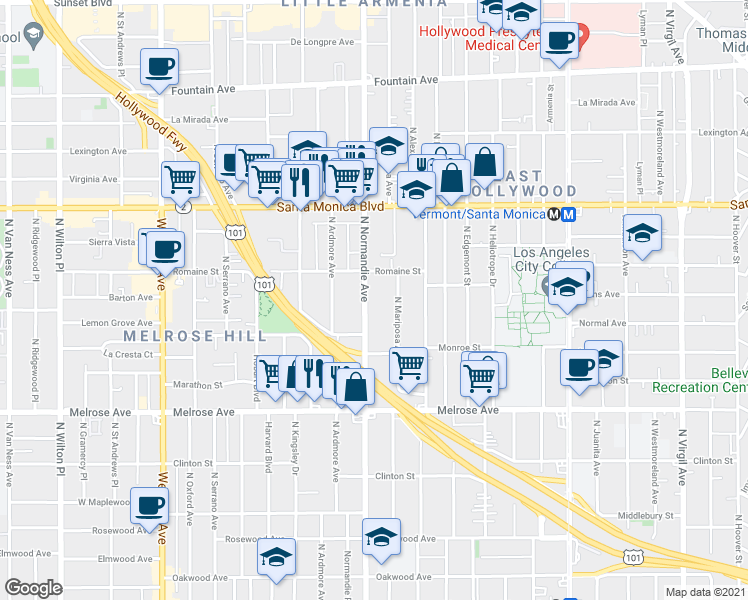 map of restaurants, bars, coffee shops, grocery stores, and more near 937 North Normandie Avenue in Los Angeles