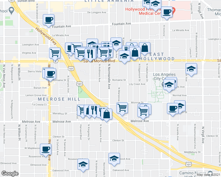 map of restaurants, bars, coffee shops, grocery stores, and more near 937 North Normandie Avenue in Los Angeles