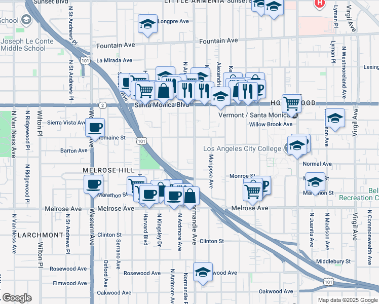 map of restaurants, bars, coffee shops, grocery stores, and more near 937 North Normandie Avenue in Los Angeles