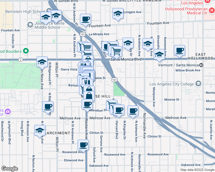 map of restaurants, bars, coffee shops, grocery stores, and more near 942 1/2 North Serrano Avenue in Los Angeles