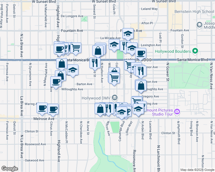 map of restaurants, bars, coffee shops, grocery stores, and more near 912 North Hudson Avenue in Los Angeles