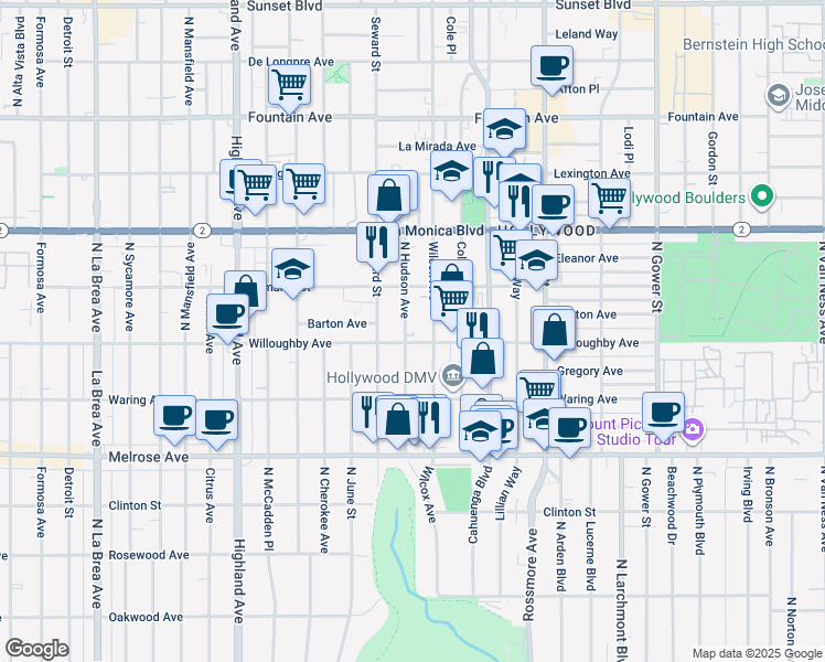 map of restaurants, bars, coffee shops, grocery stores, and more near 912 North Hudson Avenue in Los Angeles