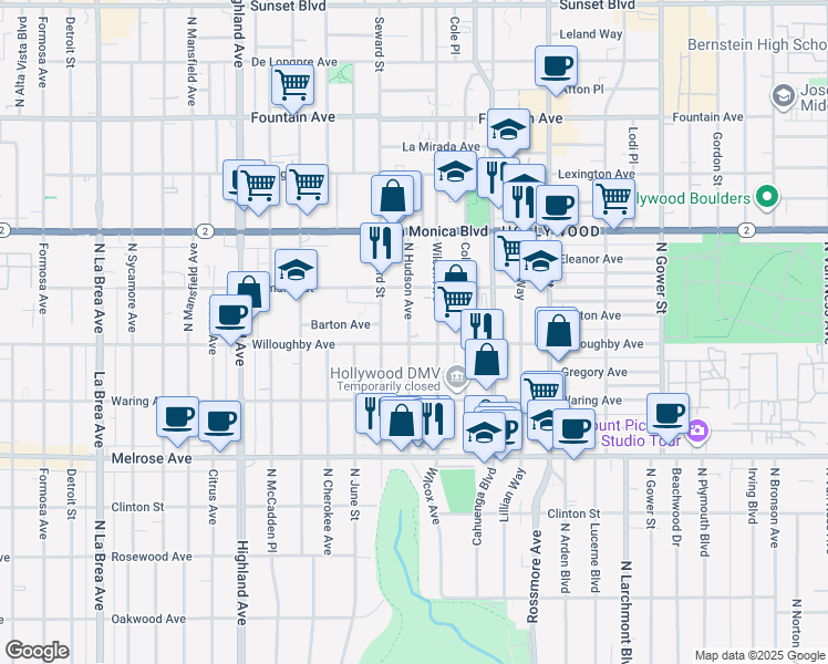 map of restaurants, bars, coffee shops, grocery stores, and more near 912 North Hudson Avenue in Los Angeles