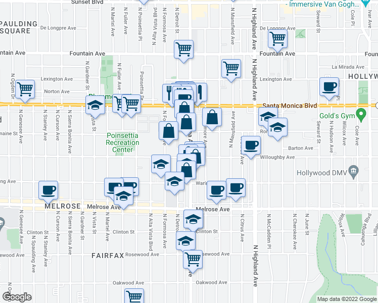 map of restaurants, bars, coffee shops, grocery stores, and more near in Los Angeles