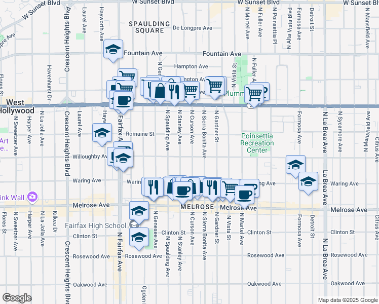 map of restaurants, bars, coffee shops, grocery stores, and more near 912 North Stanley Avenue in West Hollywood
