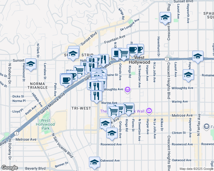 map of restaurants, bars, coffee shops, grocery stores, and more near 911 North Alfred Street in Los Angeles