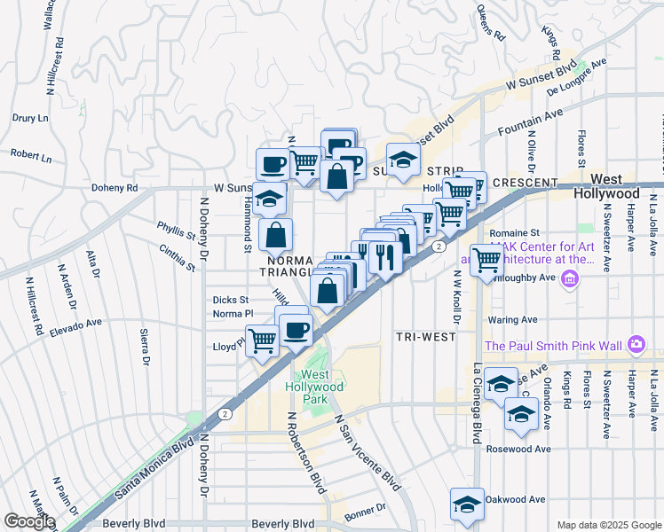 map of restaurants, bars, coffee shops, grocery stores, and more near 909 Palm Avenue in West Hollywood