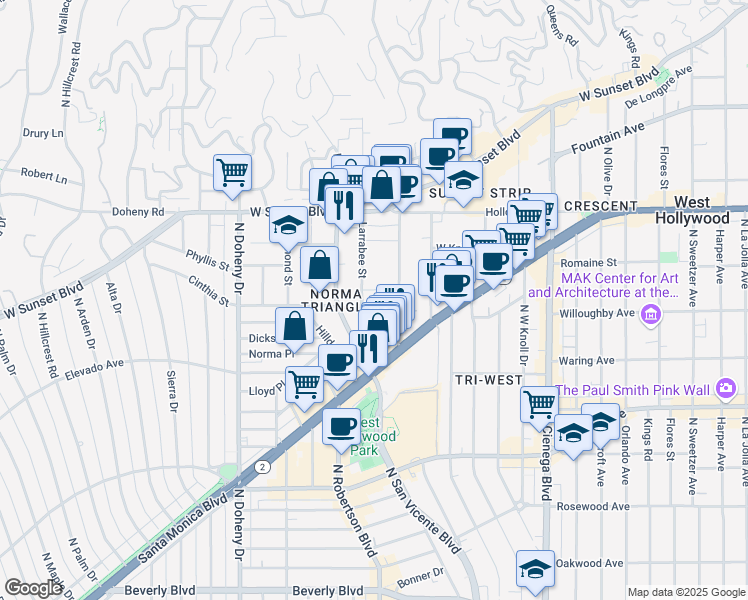 map of restaurants, bars, coffee shops, grocery stores, and more near 911 Larrabee Street in West Hollywood