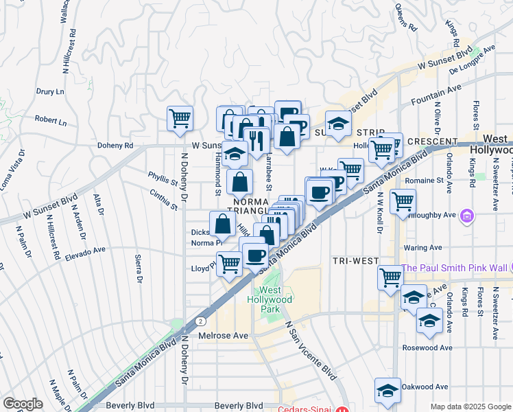 map of restaurants, bars, coffee shops, grocery stores, and more near in West Hollywood