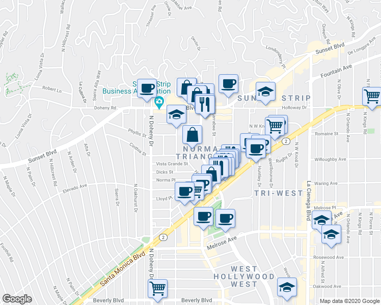 map of restaurants, bars, coffee shops, grocery stores, and more near in West Hollywood