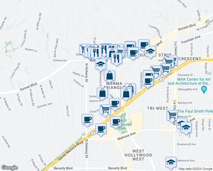 map of restaurants, bars, coffee shops, grocery stores, and more near 8965 Cynthia Street in West Hollywood