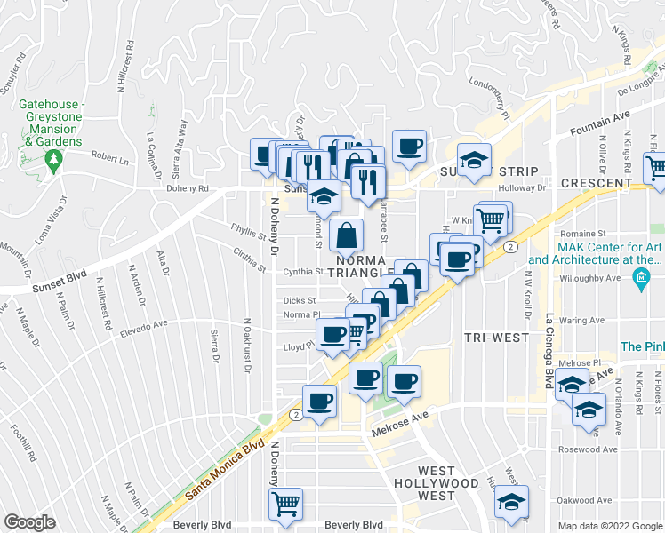 map of restaurants, bars, coffee shops, grocery stores, and more near 8965 Cynthia Street in West Hollywood