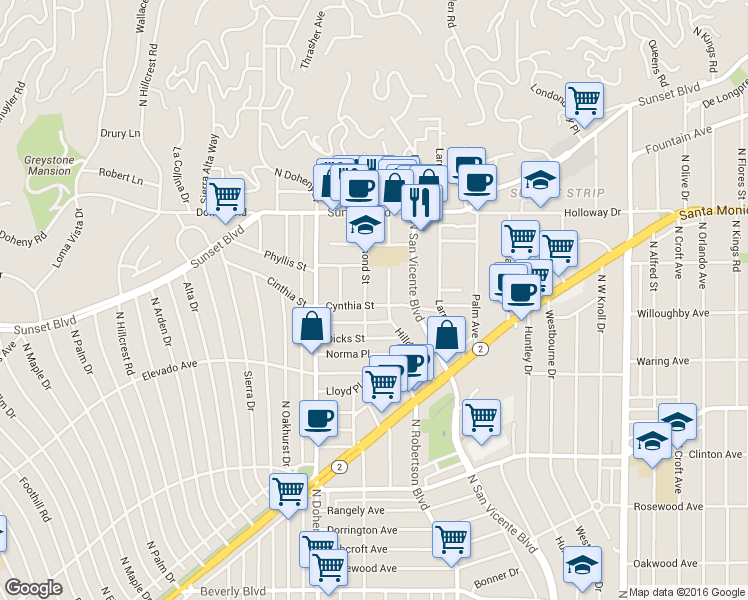 map of restaurants, bars, coffee shops, grocery stores, and more near 8965 Cynthia Street in West Hollywood