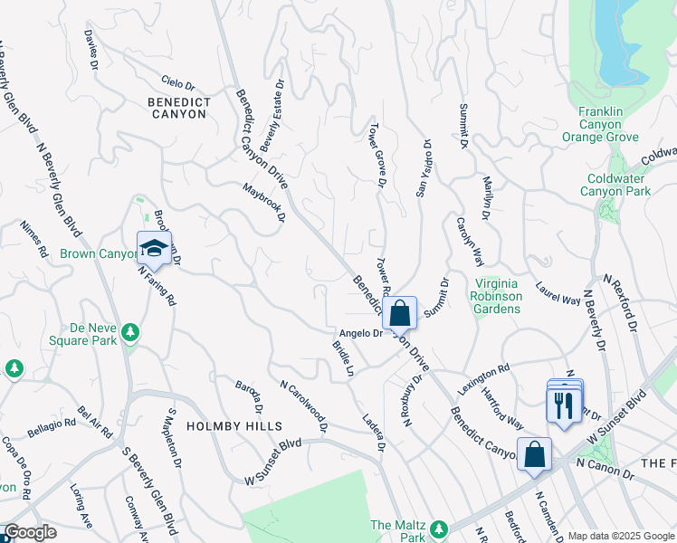 map of restaurants, bars, coffee shops, grocery stores, and more near 1705 Green Acres Drive in Beverly Hills