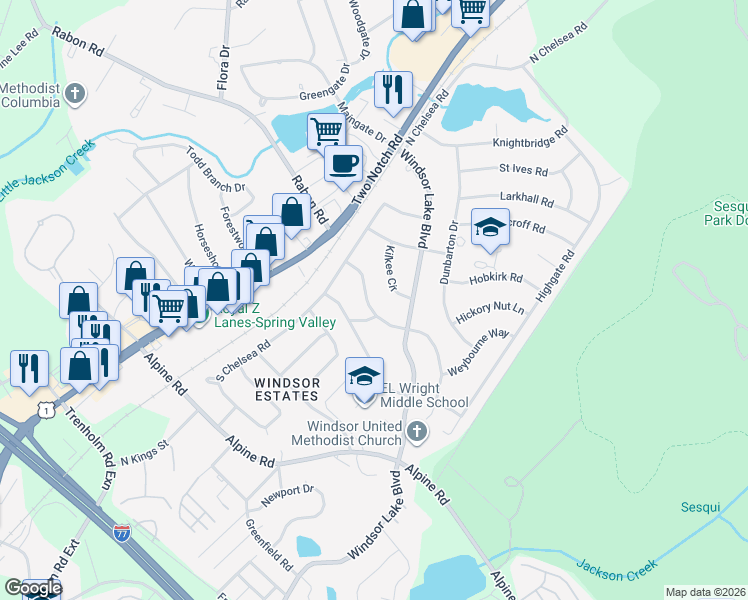 map of restaurants, bars, coffee shops, grocery stores, and more near 3016 Kilkee Circle in Columbia