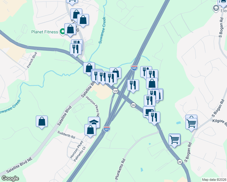map of restaurants, bars, coffee shops, grocery stores, and more near 3913 Buford Dr in Buford