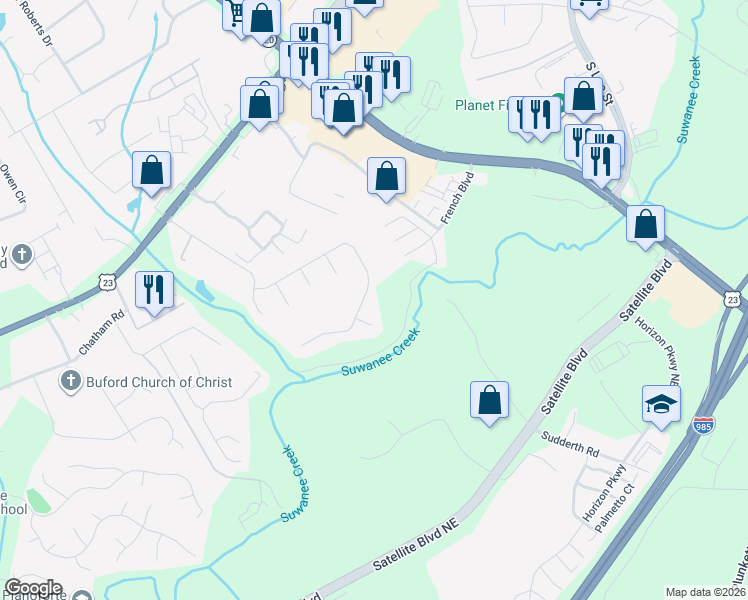 map of restaurants, bars, coffee shops, grocery stores, and more near 1588 Centerville Drive in Buford