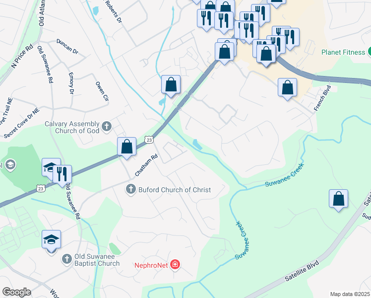map of restaurants, bars, coffee shops, grocery stores, and more near 4173 Chatham Ridge Drive in Buford