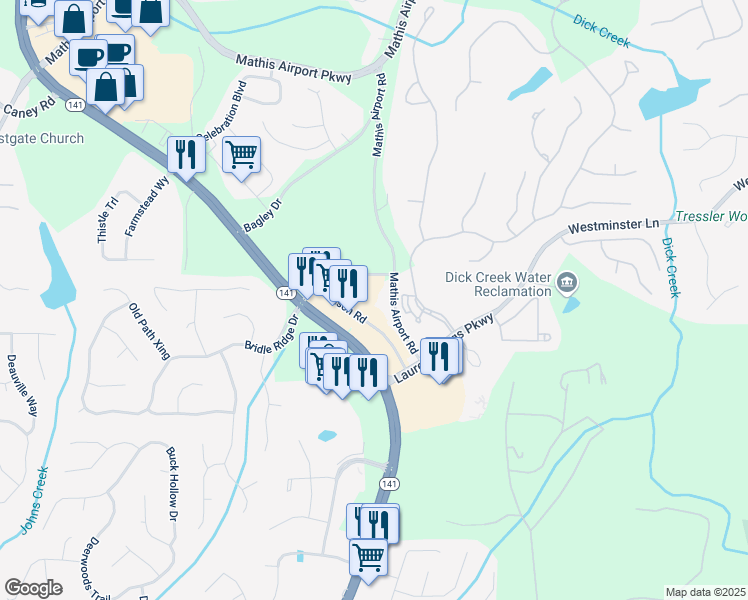 map of restaurants, bars, coffee shops, grocery stores, and more near 3180 Karen White Drive in Suwanee