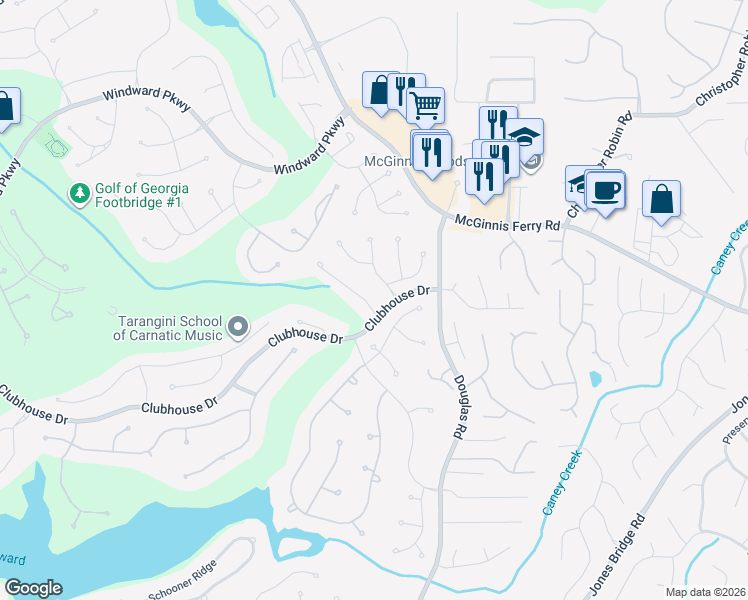 map of restaurants, bars, coffee shops, grocery stores, and more near 2815 Gleneagles Pointe in Alpharetta