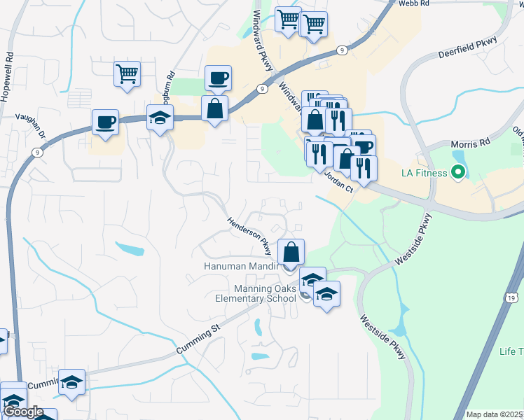 map of restaurants, bars, coffee shops, grocery stores, and more near 6017 Coventry Circle in Alpharetta