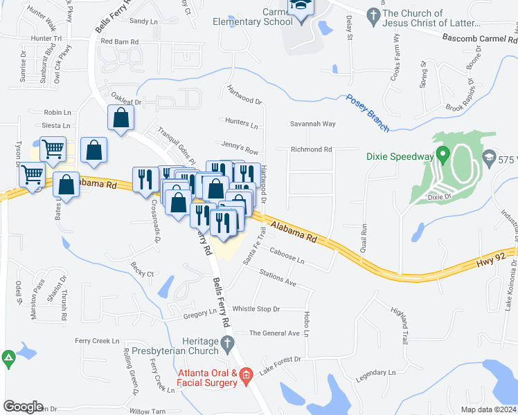 map of restaurants, bars, coffee shops, grocery stores, and more near 6941 Hwy 92 in Woodstock