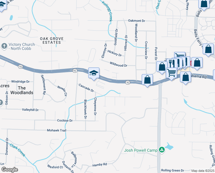 map of restaurants, bars, coffee shops, grocery stores, and more near Highway 92 in Acworth