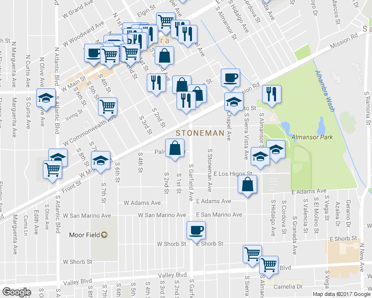 map of restaurants, bars, coffee shops, grocery stores, and more near 11 Palmetto Drive in Alhambra