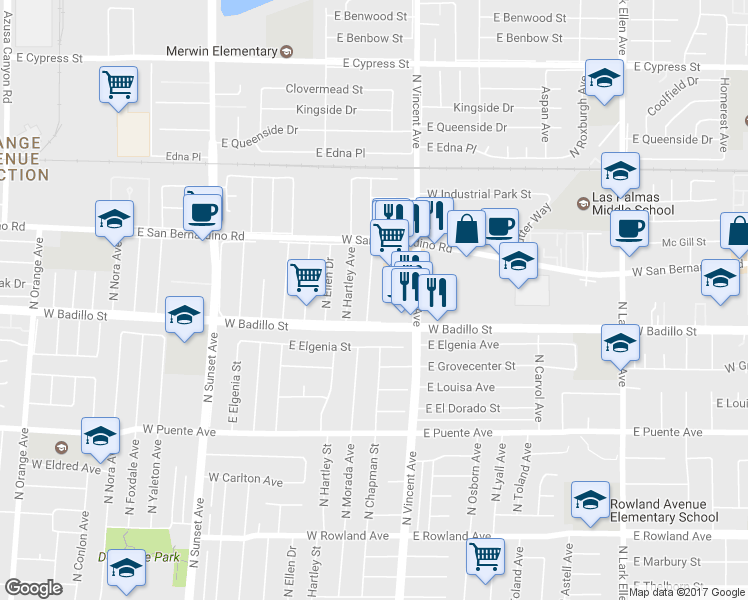 map of restaurants, bars, coffee shops, grocery stores, and more near 4026 North Morada Avenue in Covina