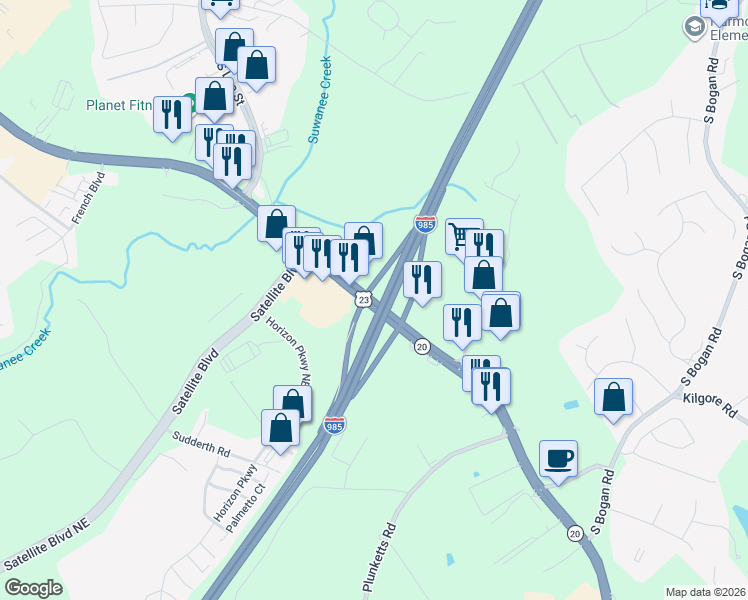 map of restaurants, bars, coffee shops, grocery stores, and more near 3913 Buford Drive in Buford