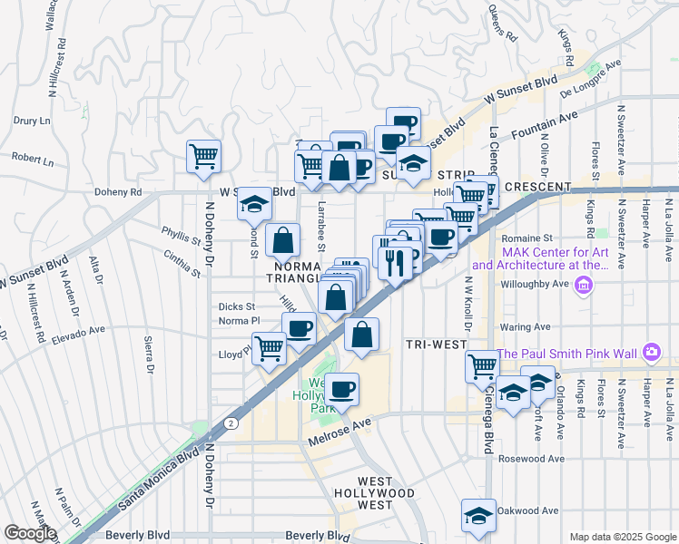 map of restaurants, bars, coffee shops, grocery stores, and more near 8815 Cynthia Street in West Hollywood