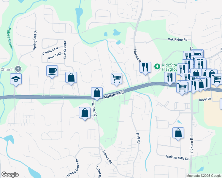 map of restaurants, bars, coffee shops, grocery stores, and more near 11511 Georgia 92 in Woodstock