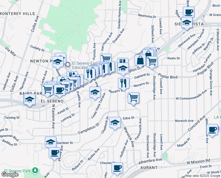 map of restaurants, bars, coffee shops, grocery stores, and more near 5151 Navarro Street in Los Angeles