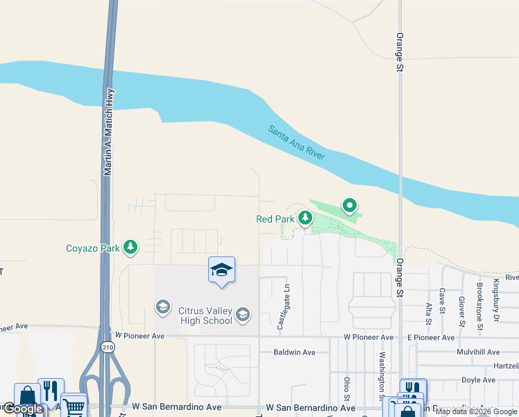 map of restaurants, bars, coffee shops, grocery stores, and more near 2167 Texas Street in Redlands