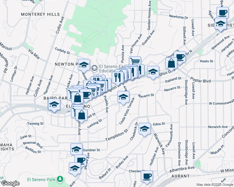 map of restaurants, bars, coffee shops, grocery stores, and more near 5021 Navarro Street in Los Angeles