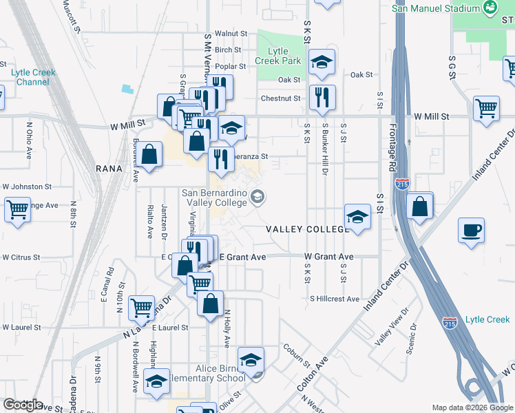 map of restaurants, bars, coffee shops, grocery stores, and more near 701 South Mount Vernon Avenue in San Bernardino
