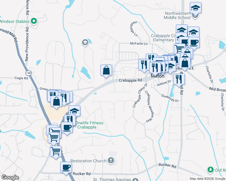 map of restaurants, bars, coffee shops, grocery stores, and more near 580 Arbor North Way in Alpharetta