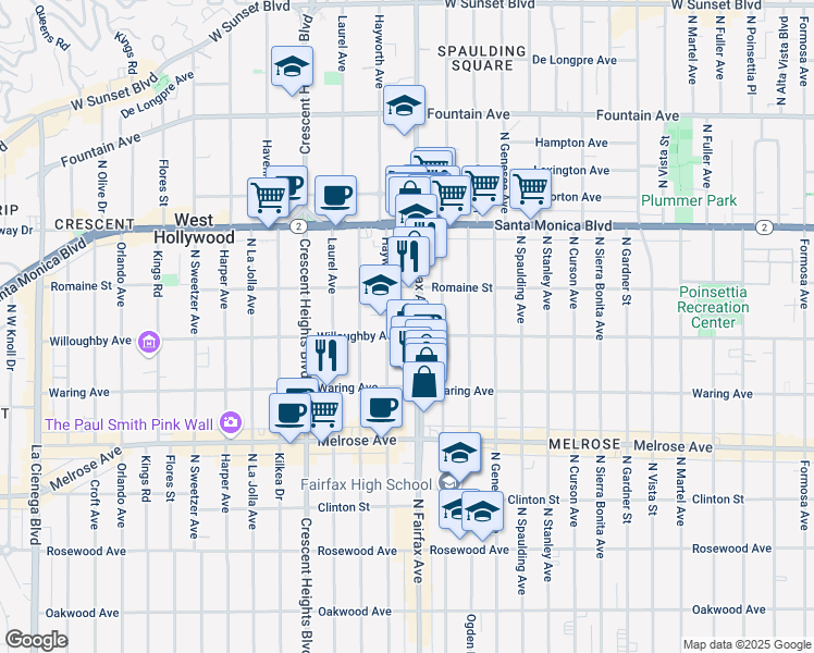 map of restaurants, bars, coffee shops, grocery stores, and more near 905 1/2 North Fairfax Avenue in West Hollywood