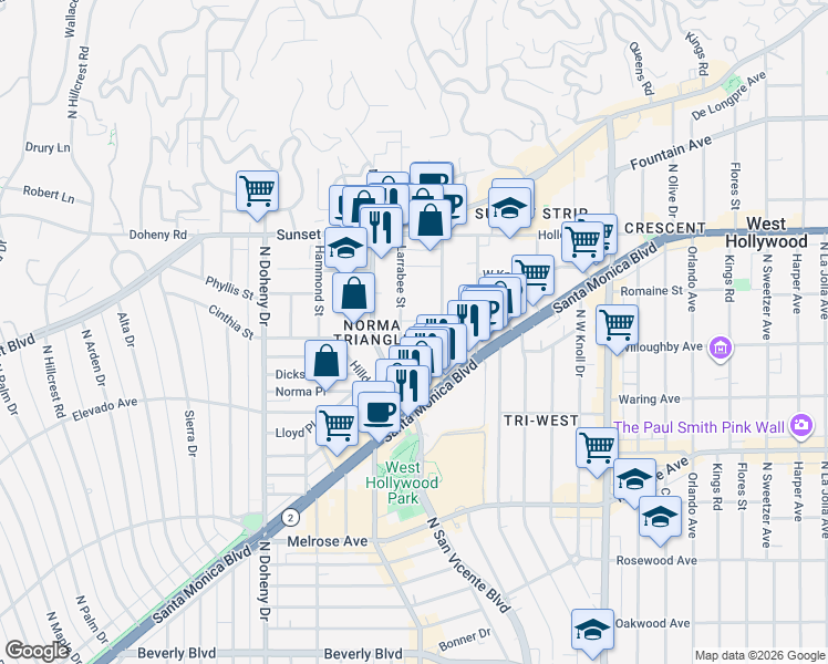 map of restaurants, bars, coffee shops, grocery stores, and more near 8833 Cynthia Street in West Hollywood