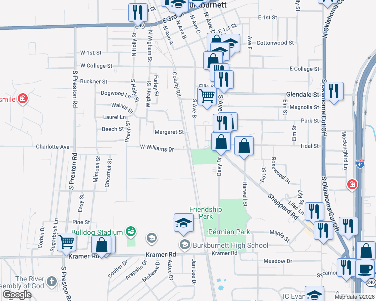 map of restaurants, bars, coffee shops, grocery stores, and more near 400 County Road in Burkburnett