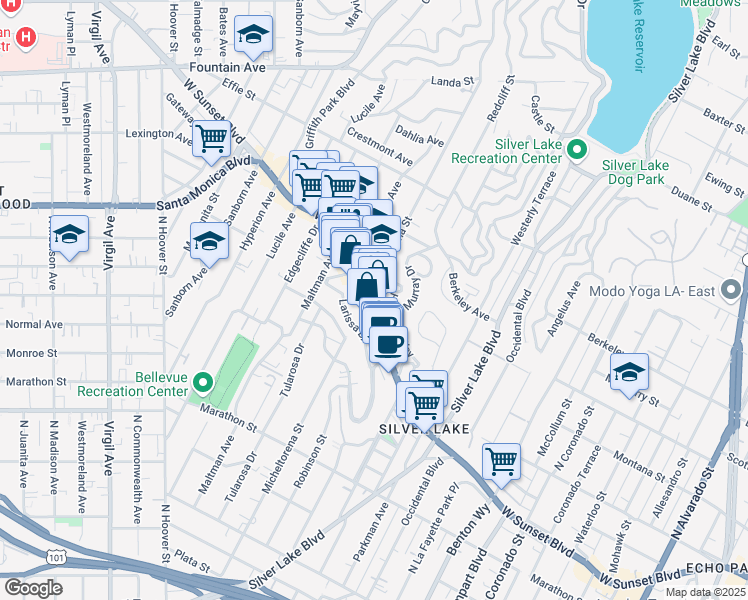 map of restaurants, bars, coffee shops, grocery stores, and more near 3330 Hamilton Way in Los Angeles