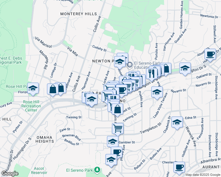 map of restaurants, bars, coffee shops, grocery stores, and more near 3547 El Sereno Avenue in Los Angeles