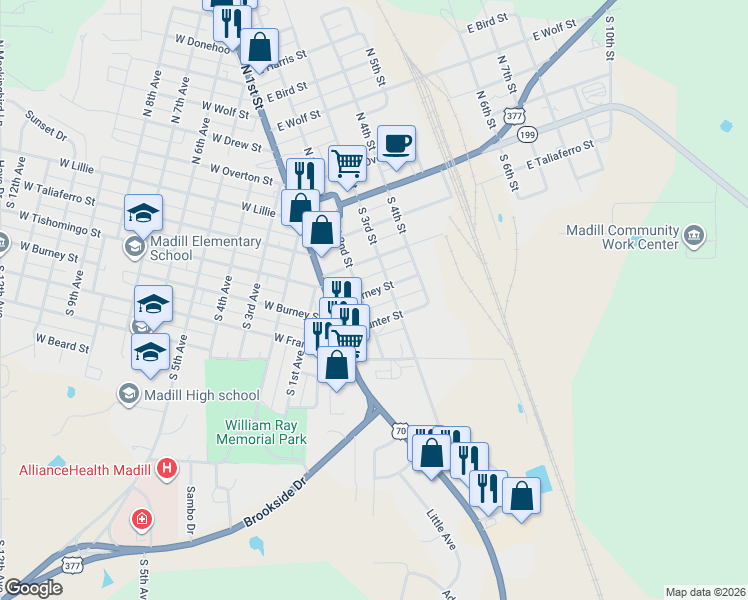 map of restaurants, bars, coffee shops, grocery stores, and more near 406 South 3rd Street in Madill