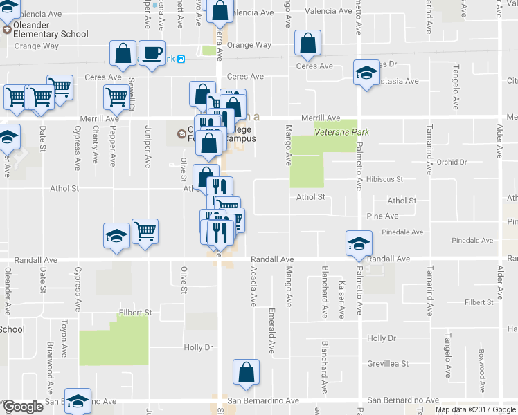 map of restaurants, bars, coffee shops, grocery stores, and more near 9153 Acacia Avenue in Fontana