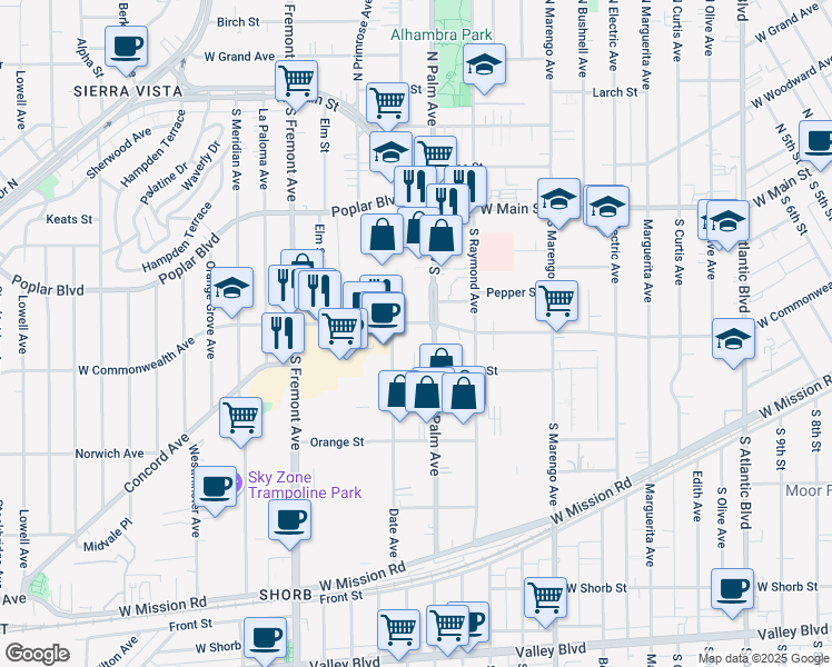 map of restaurants, bars, coffee shops, grocery stores, and more near 304 Date Avenue in Alhambra