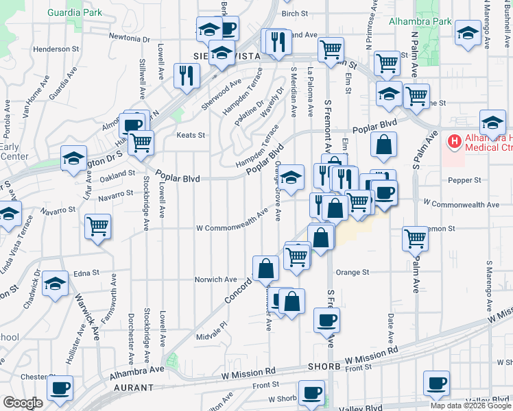 map of restaurants, bars, coffee shops, grocery stores, and more near 509 Westminster Avenue in Alhambra