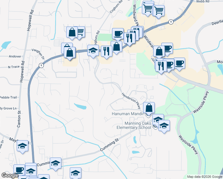 map of restaurants, bars, coffee shops, grocery stores, and more near 8841 South Somerset Lane in Alpharetta