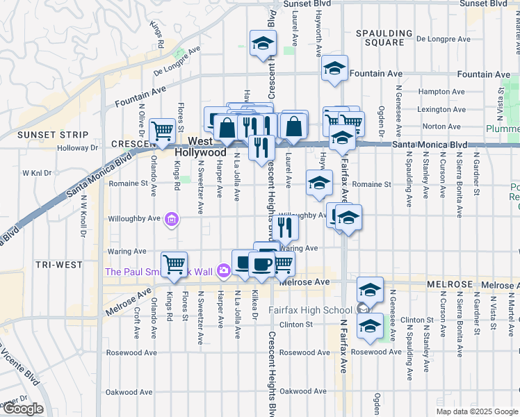 map of restaurants, bars, coffee shops, grocery stores, and more near 914 Havenhurst Drive in West Hollywood