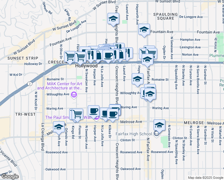 map of restaurants, bars, coffee shops, grocery stores, and more near 914 Havenhurst Drive in West Hollywood