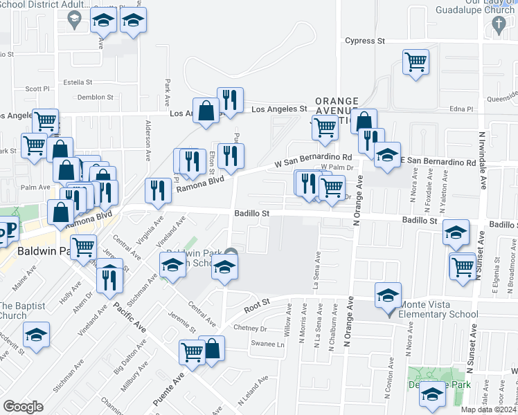 map of restaurants, bars, coffee shops, grocery stores, and more near 15201 Badillo Street in Baldwin Park